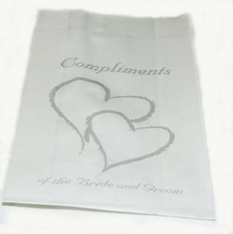 Wedding - Cake Bags - Silver Heart Compliments Bride & Groom x 100 Bulk Pack